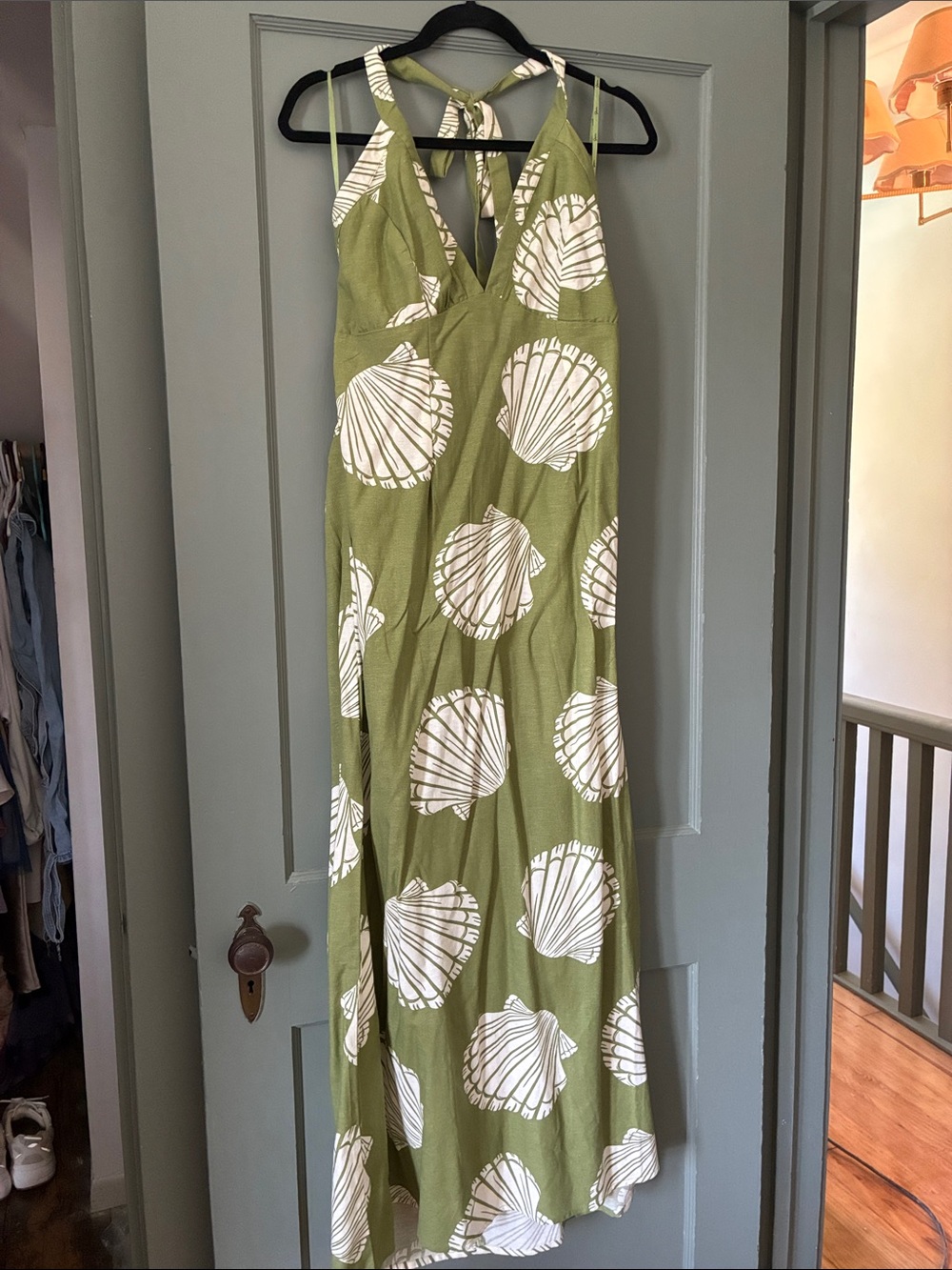 Japna Olive Green Maxi Dress with White Shell Print